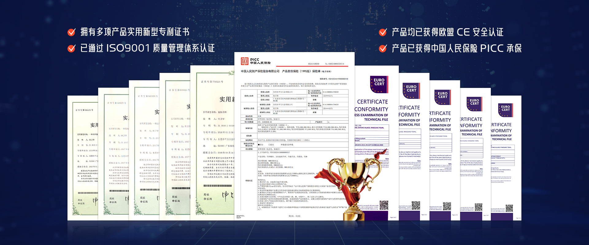 专利证书,欧盟CE认证,PICC全球承保,ISO9001认证